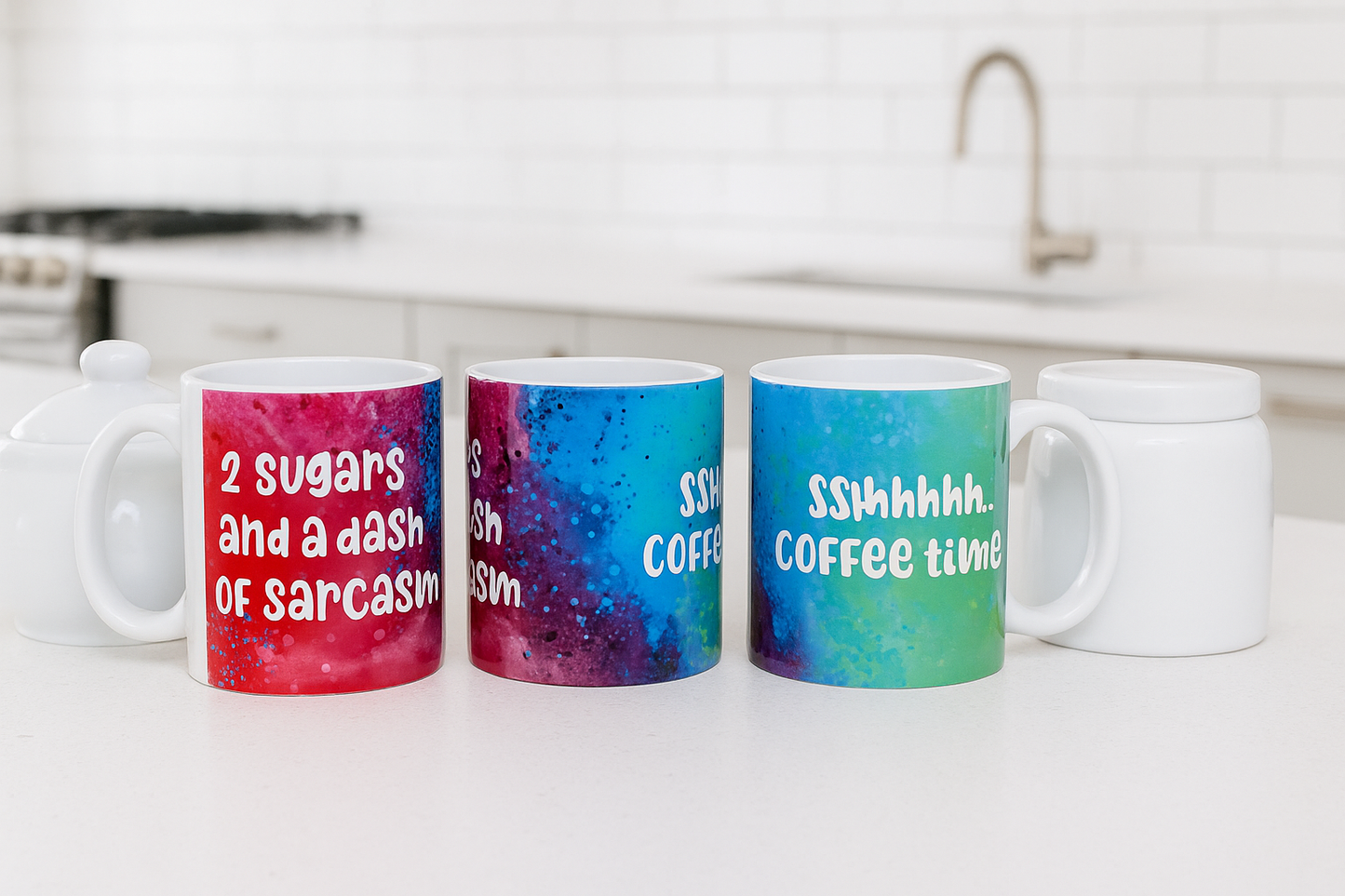 3 different views of a coffee mug showing the slogans on each side.