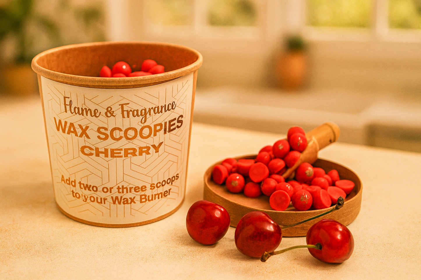 cherry fragranced wax scoopies on a table with ripe red cherries