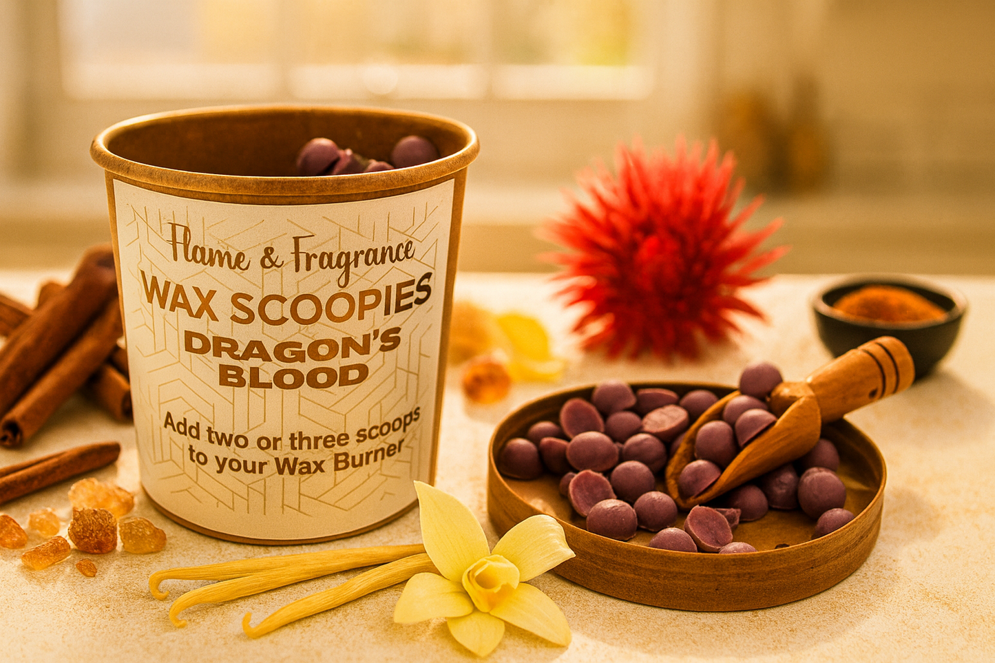 Wax scoopies packaging with purple wax beads and a wooden scoop on a decorative surface.