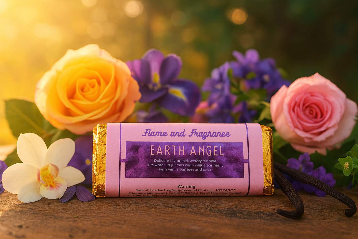 Wax melt bar with 'Earth Angel' packaging surrounded by flowers on a wooden surface