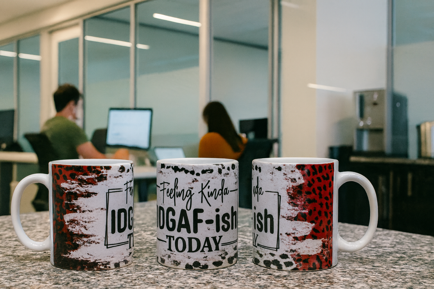 Coffee mug from three perspectives with humorous text on a desk in an office setting