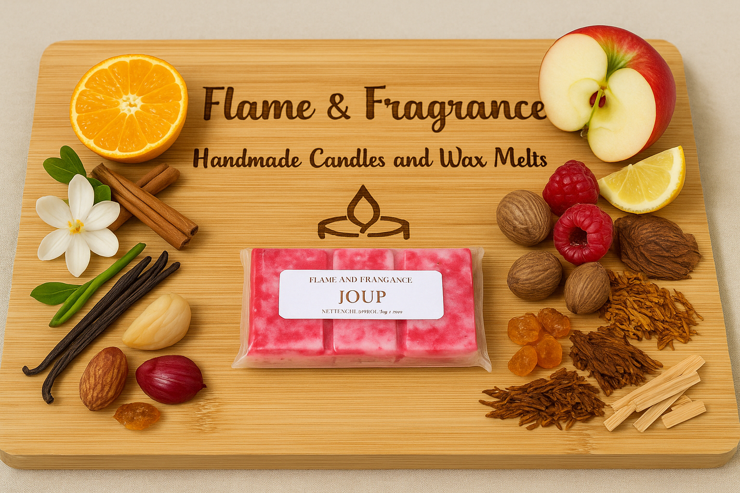Handmade wax melt packaging on a wooden board with fruits and spices.