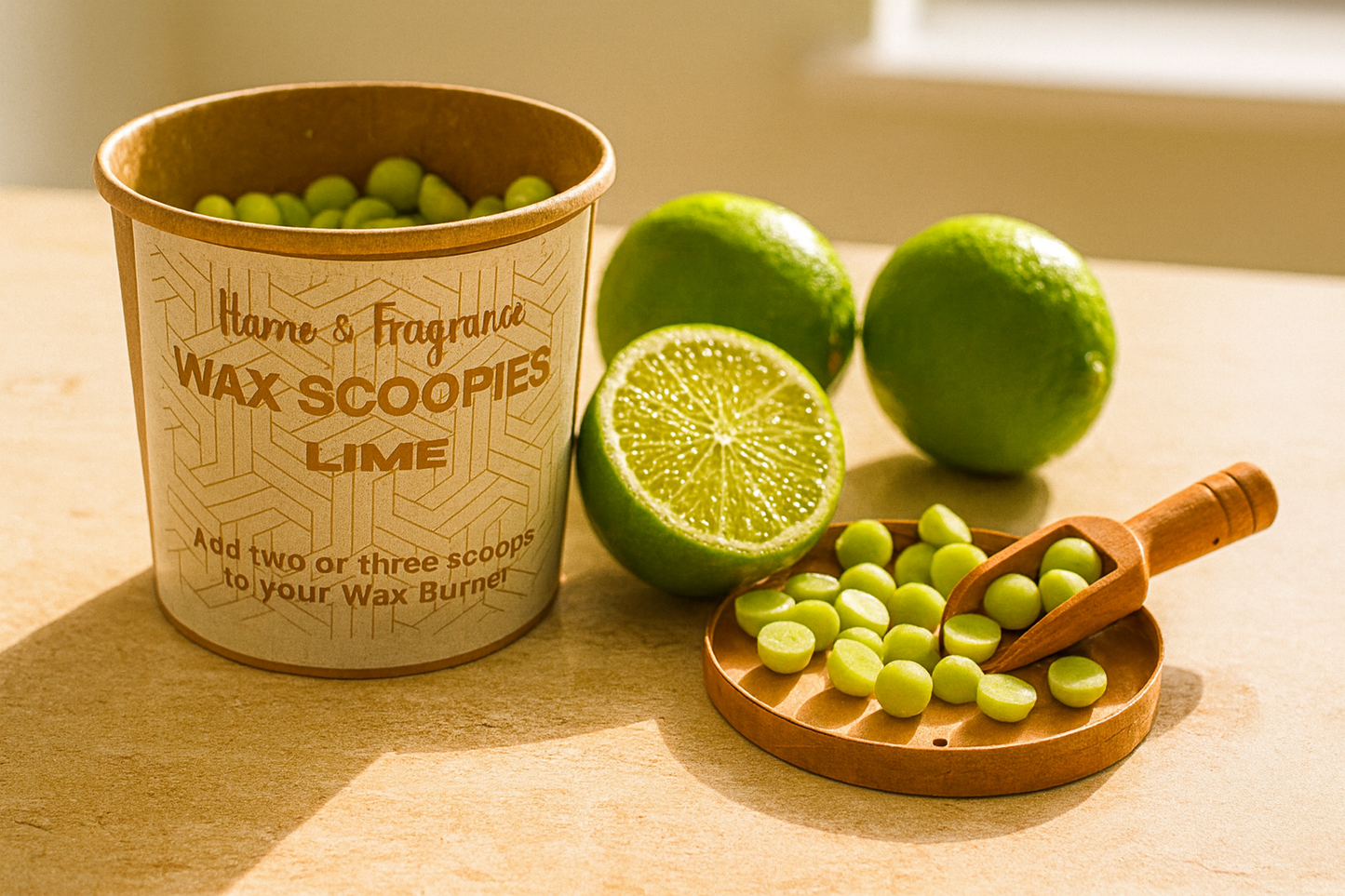 Wax scoopies labelled 'Lime' with a container and wooden scoop on a wooden surface. with freshly cut limes
