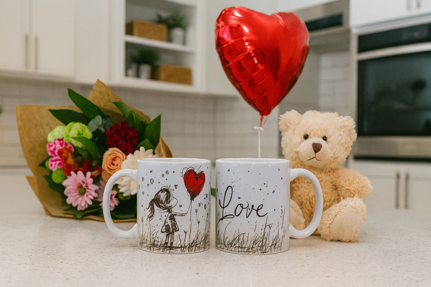 Coffee mug from two perspectives showing heart designs, a teddy bear, and a bouquet of flowers on a kitchen counter.