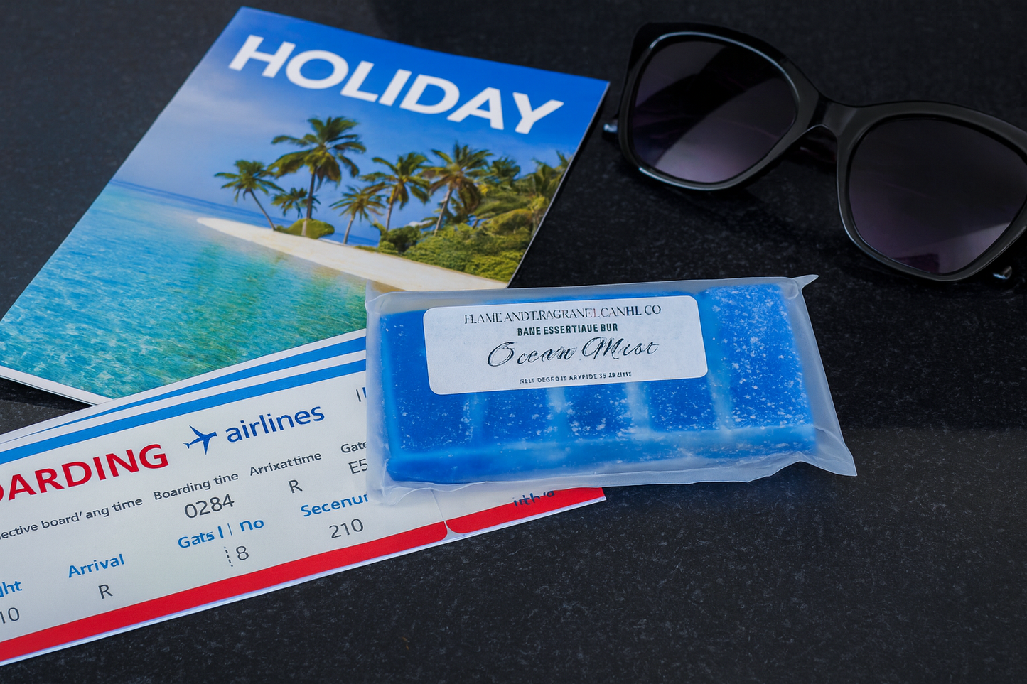 Blue wax melt bar with a 'Holiday' magazine and sunglasses on a dark surface