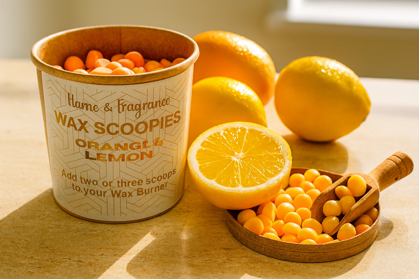 Wax scoopies labelled 'Orange & Lemon' on a wooden surface with Oranges and lemons.
