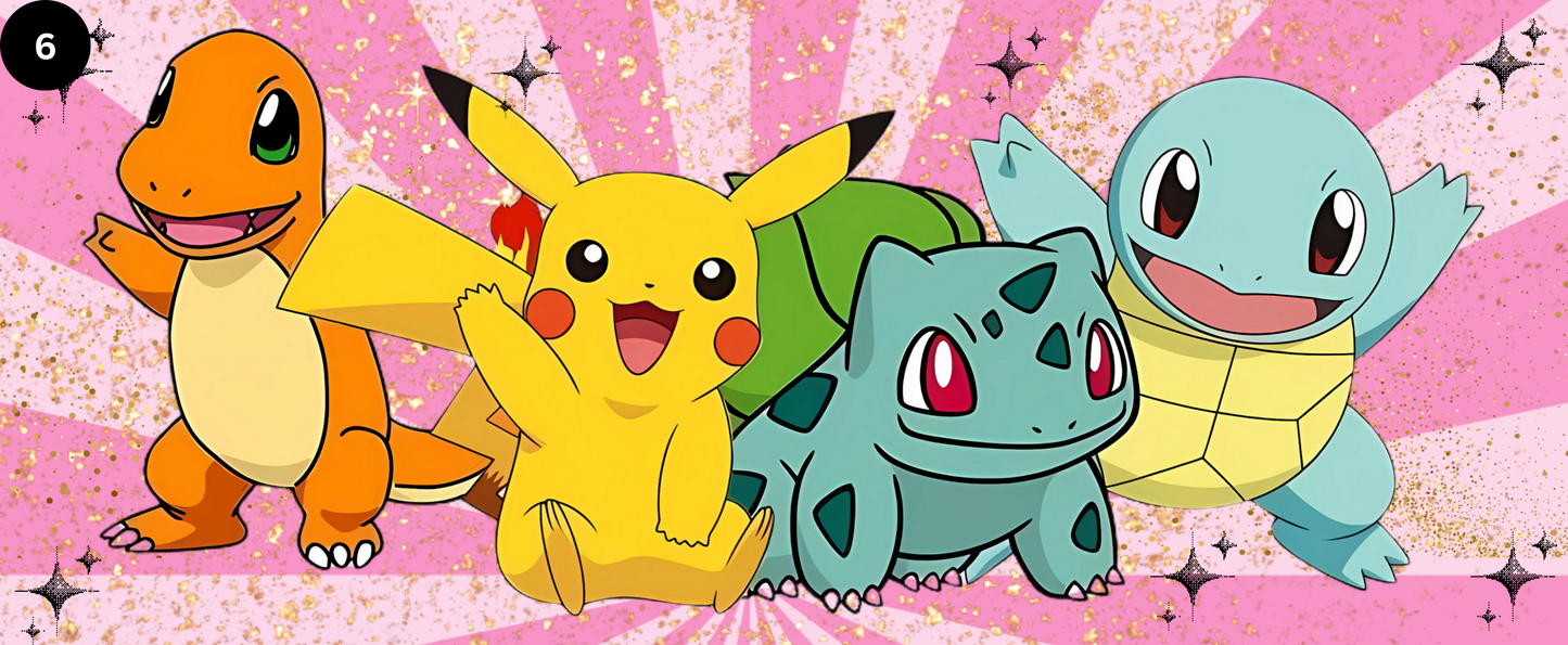 Four animated characters from a popular franchise on a pink background with sparkles.