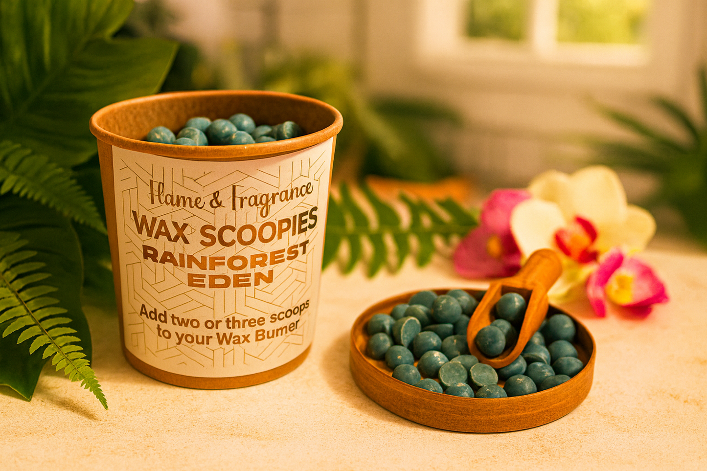 Wax scoopies with a container labeled 'Rainforest Eden' on a table with plants and flowers.
