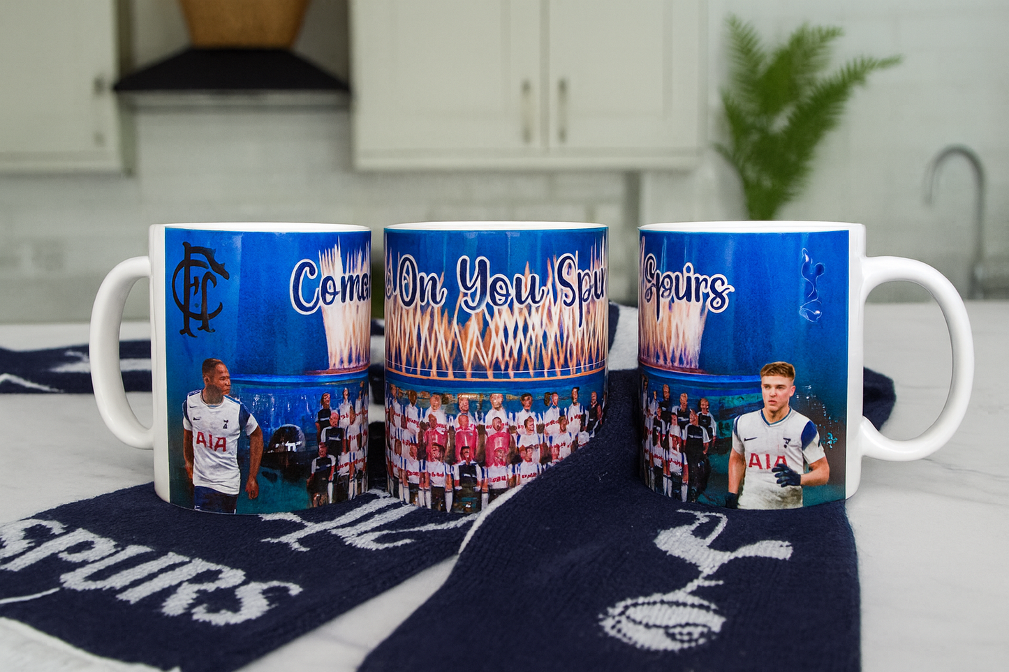 Spurs Mug from all angles on a kitchen worktop with spurs scarf