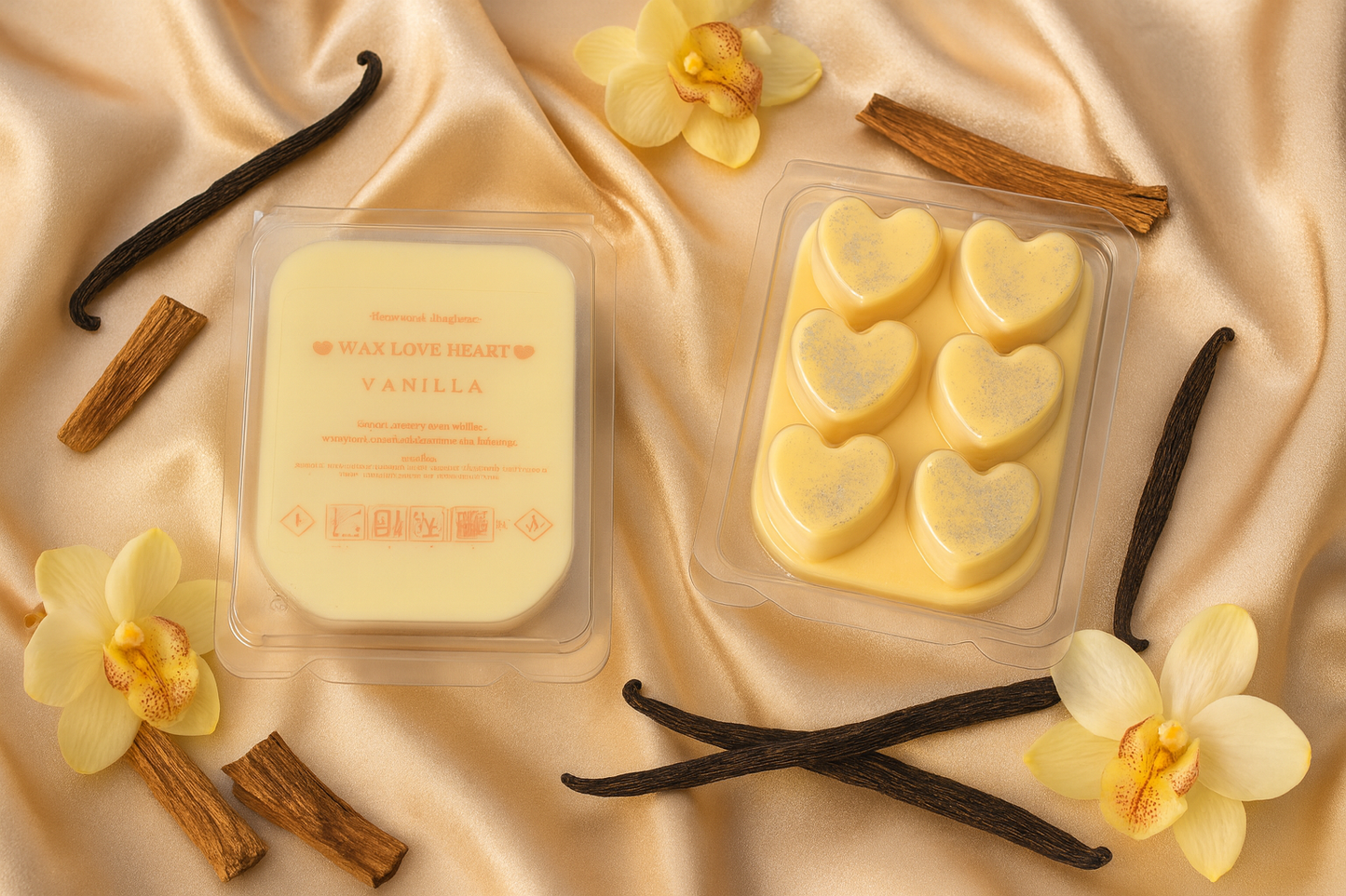 Vanilla-scented heart-shaped wax melts with vanilla beans and flowers on a beige fabric background