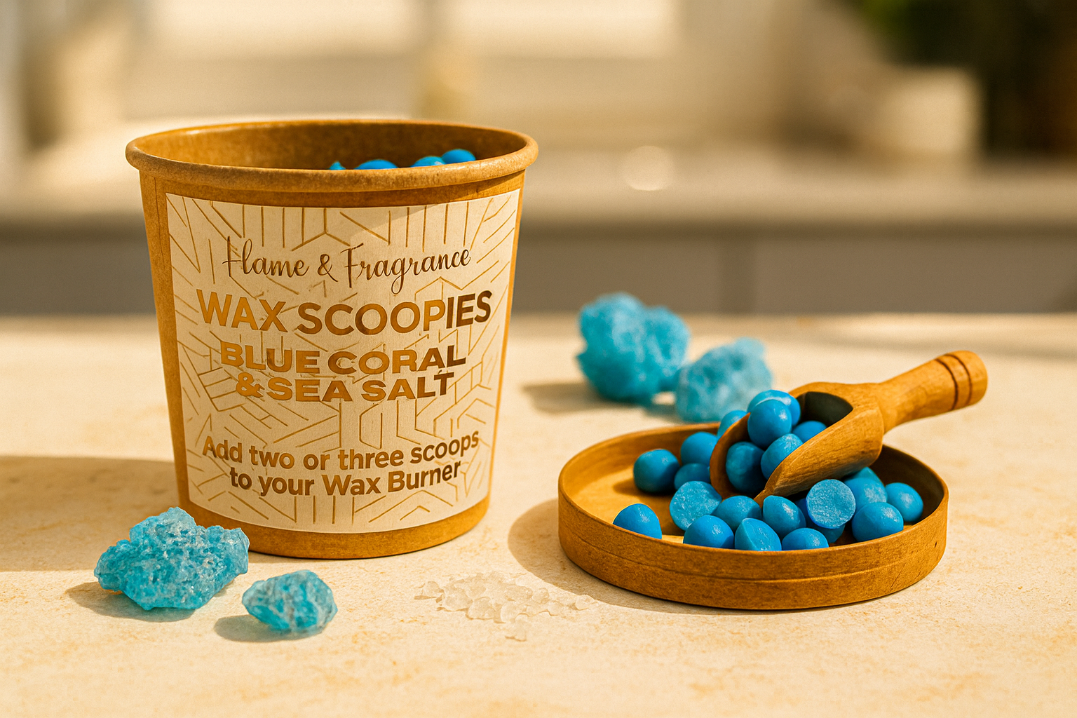 Wax scoopies with blue coral and sea salt in a container on a light surface.
