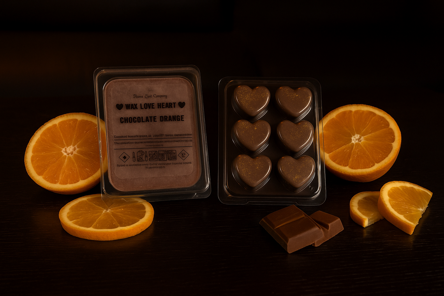 Heart-shaped chocolate orange fragranced Wax Melts with packaging and sliced oranges and chocolate pieces, on a dark background