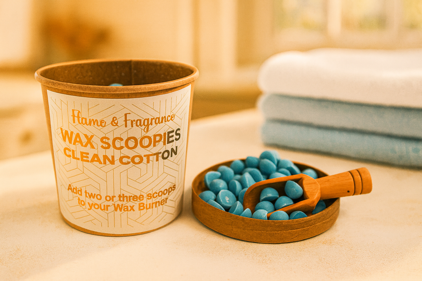 Wax scoopies with a container labelled 'Clean Cotton' on a wooden surface with freshly laundered towels.