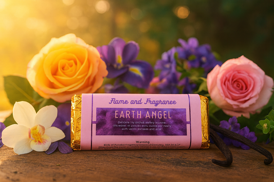 Wax melt bar with 'Earth Angel' packaging surrounded by flowers on a wooden surface
