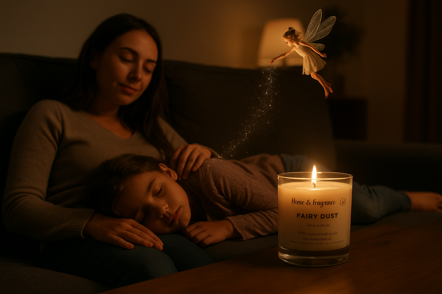 A woman and child are sitting on a couch, in the foreground is a fairy sprinkling magic dust over a candle called 'Fairy Dust'.