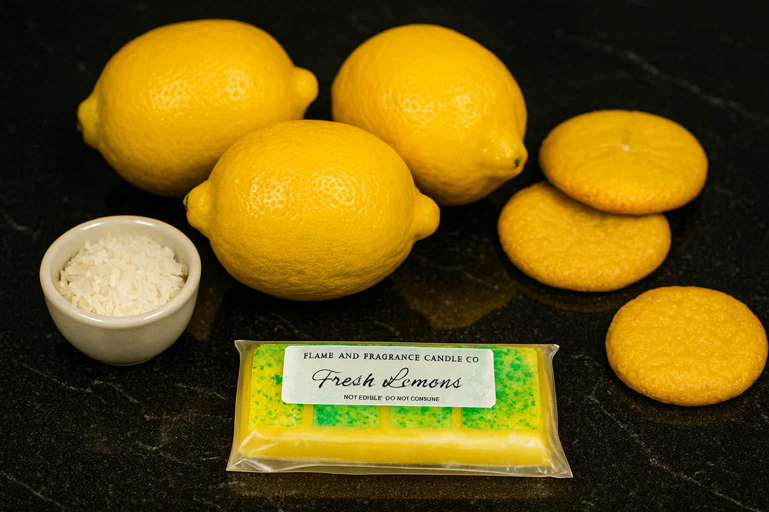 Packaged wax melt bar labelled 'Fresh Lemons' with lemons and cookies on a dark surface