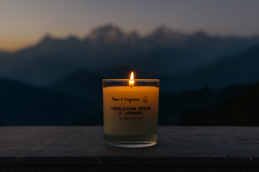 Candle named Himalayan Cedar and Jasmine, standing on a stone surface with a mountainous background