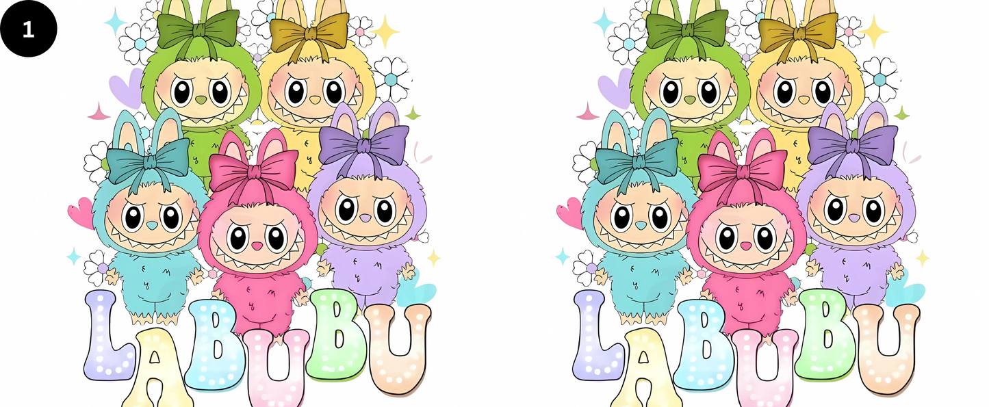 Cartoon characters with colorful bows and the word 'LABU' on a white background