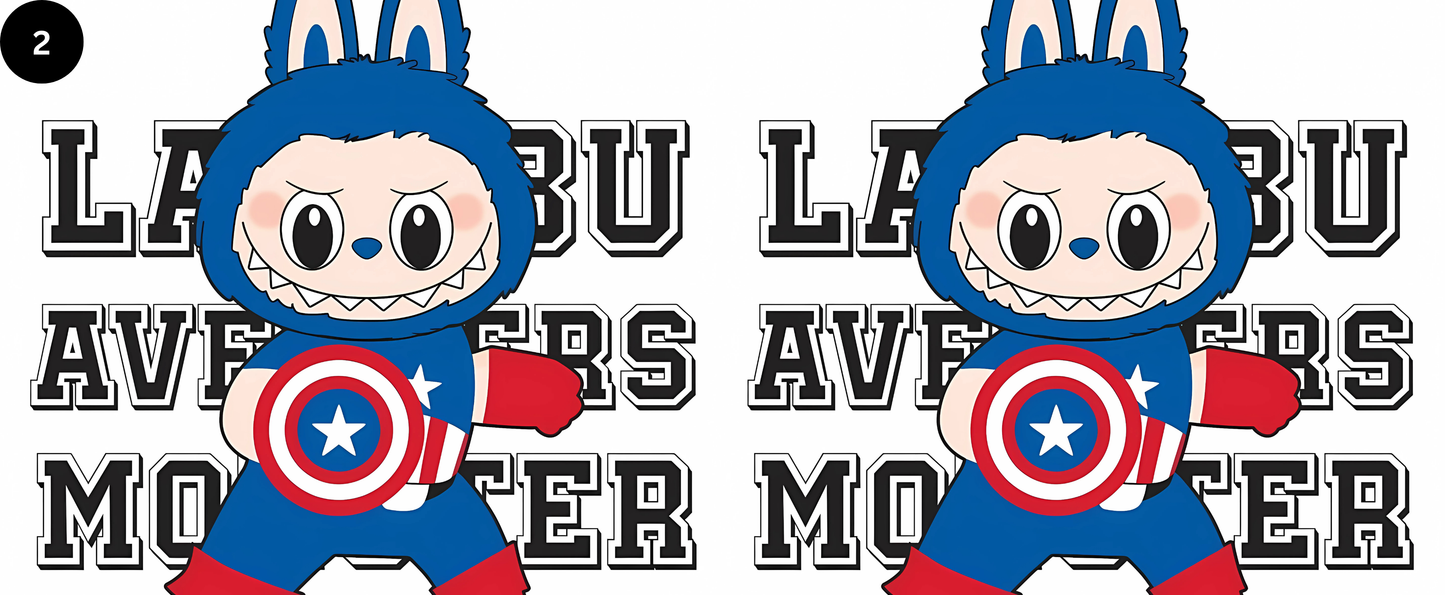 Two cartoon characters in superhero costumes with 'LA BU' branding in the background.