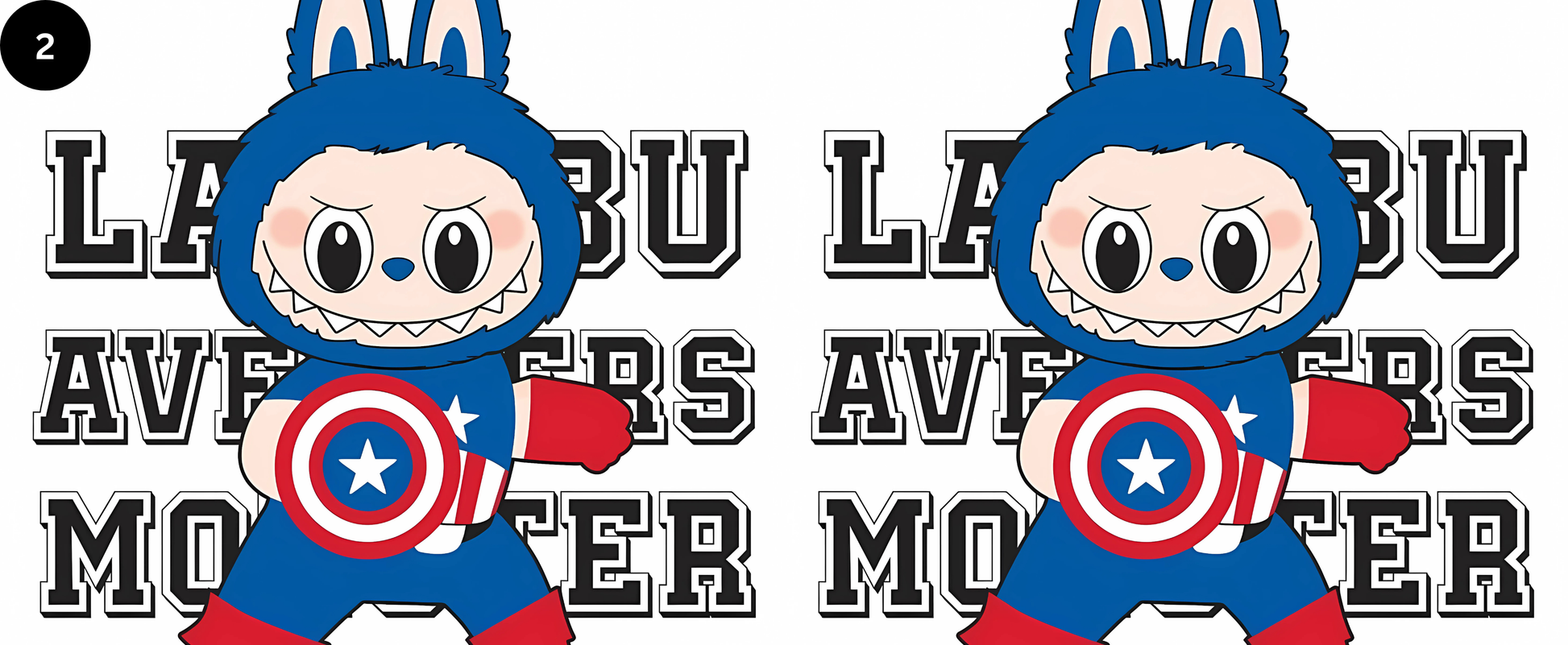 Two cartoon characters in superhero costumes with 'LA BU' branding in the background.