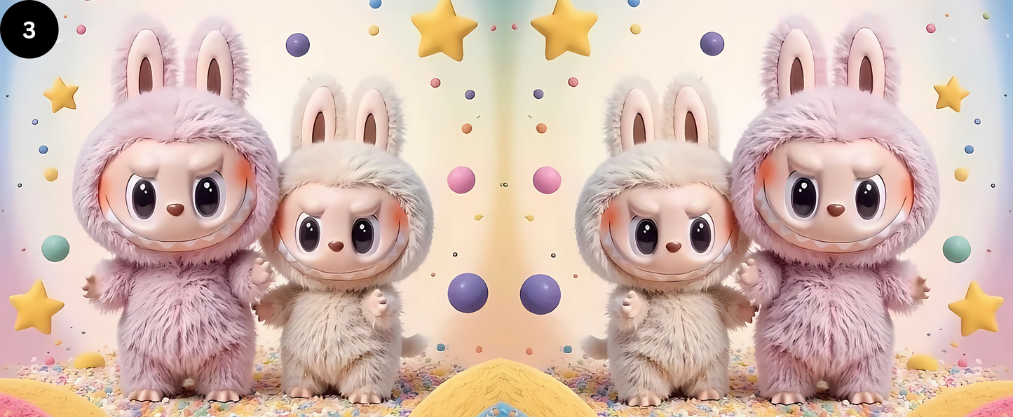 Two identical plush toys with bunny ears on a colorful background