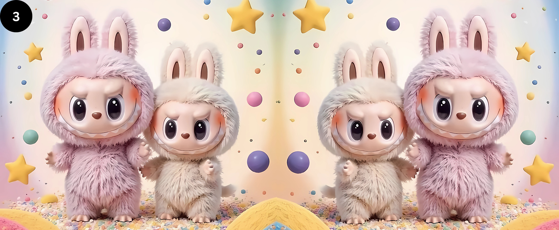 Two identical plush toys with bunny ears on a colorful background