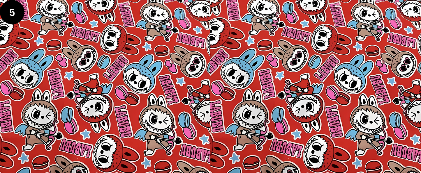 Pattern of cartoon characters with text on a red background