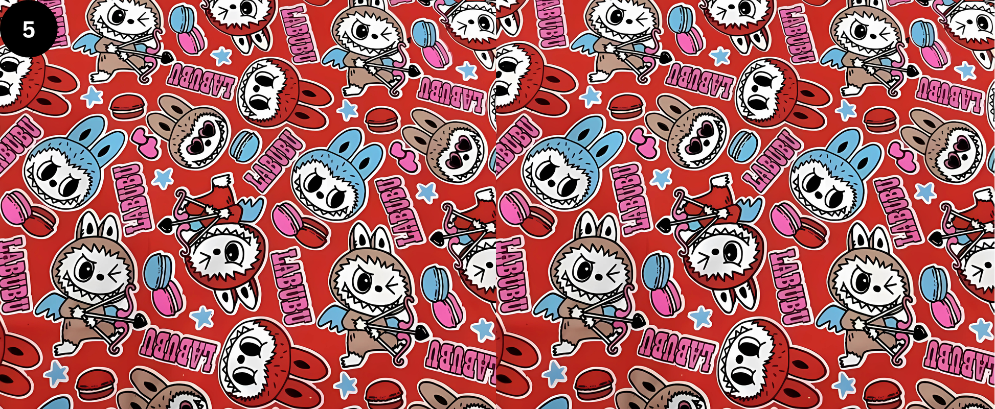 Pattern of cartoon characters with text on a red background