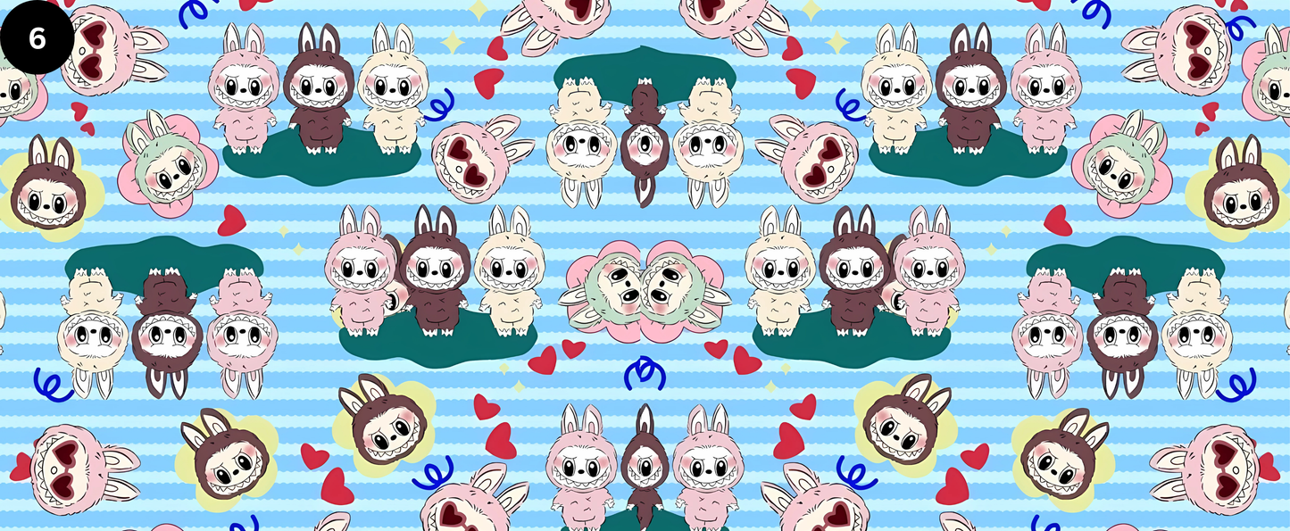 Pattern of cartoon characters on a blue background with stripes and hearts.