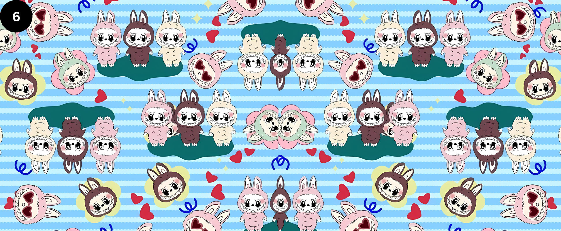 Pattern of cartoon characters on a blue background with stripes and hearts.