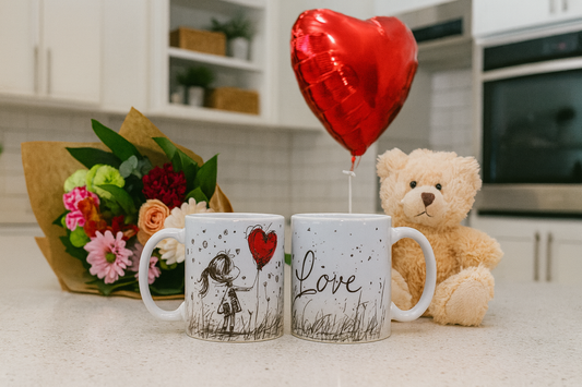 Coffee mug from two perspectives showing heart designs, a teddy bear, and a bouquet of flowers on a kitchen counter.