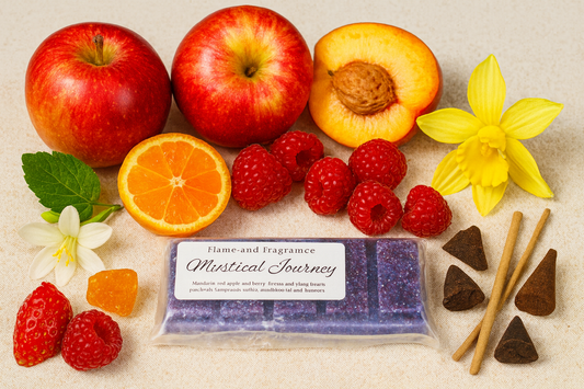 Wax melt bar with apples, oranges, peaches, raspberries, and flowers on a neutral background