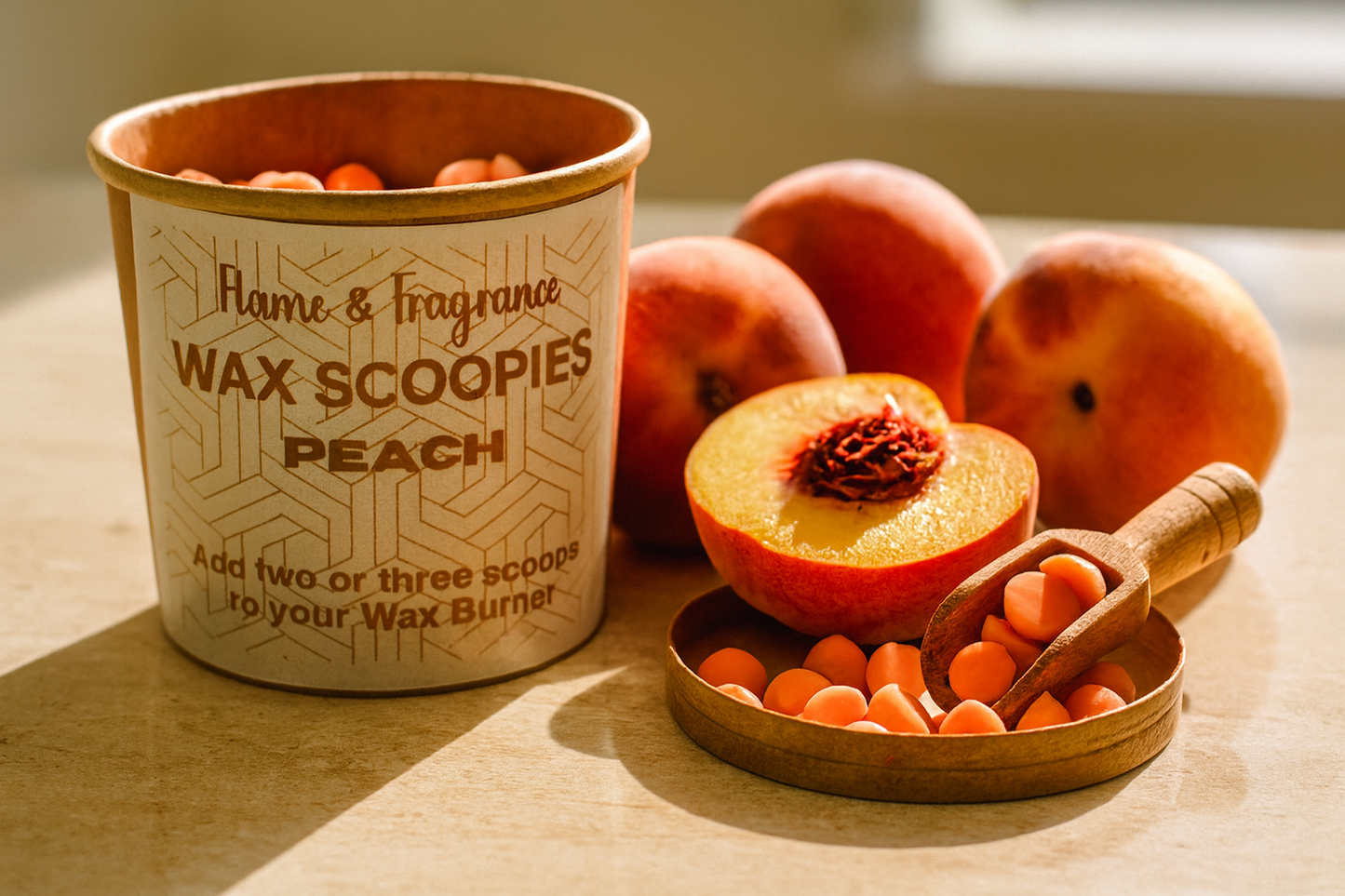 Peach-fragranced wax scoopies with packaging on a wooden surface with fresh peaches.