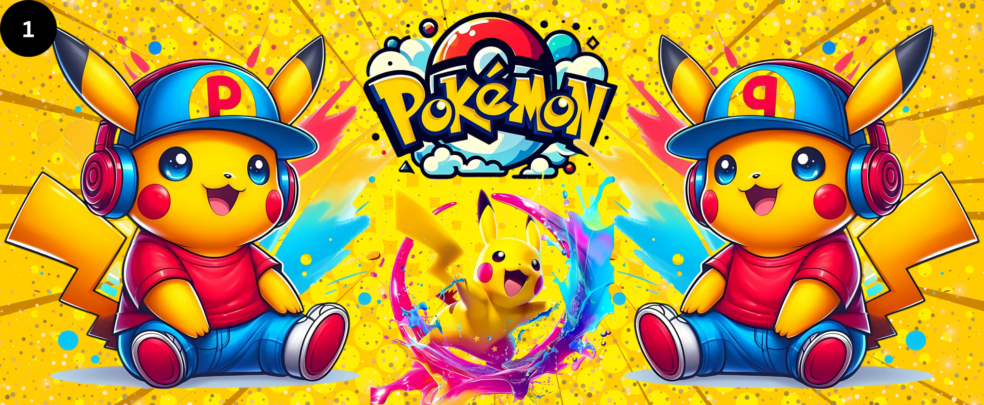 Two Pikachu characters wearing hats with letters 'P' and 'Q', surrounded by colorful graphics and the word 'Pokémon'.