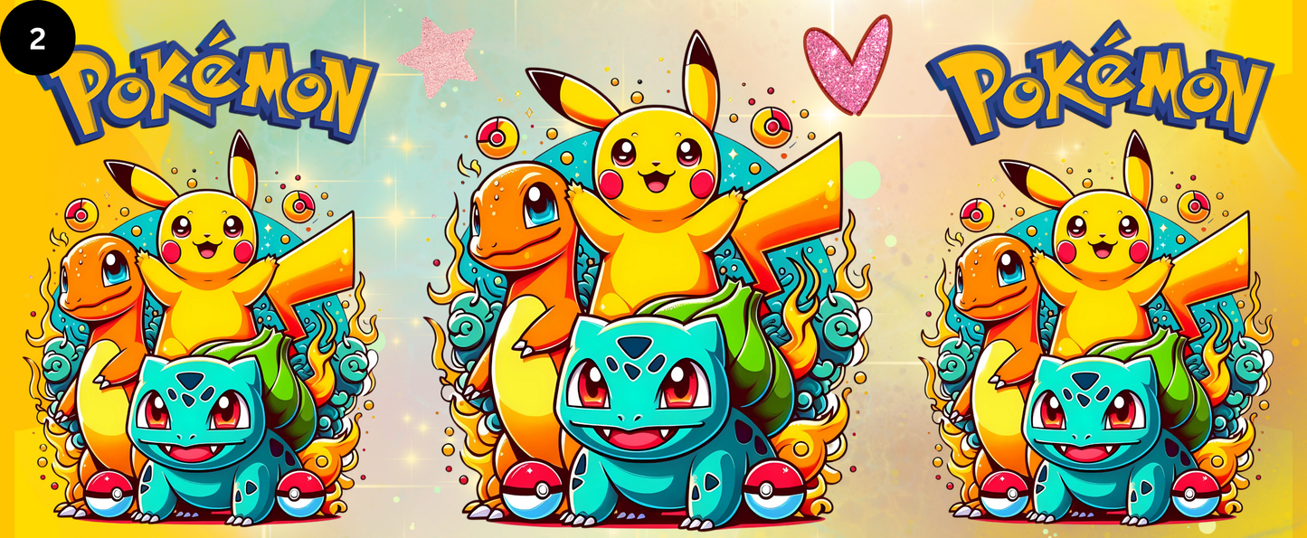 Three cartoon characters from Pokémon with colorful backgrounds and 'Pokémon' branding.