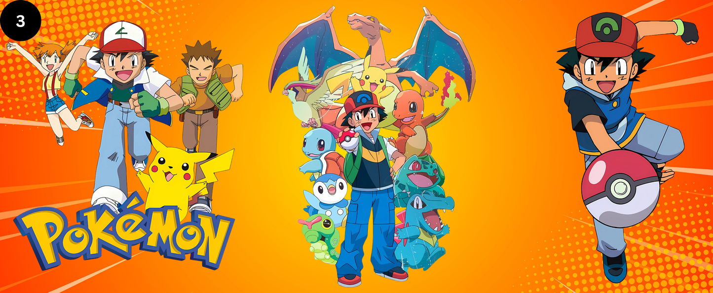 Pokémon characters and logo on an orange background