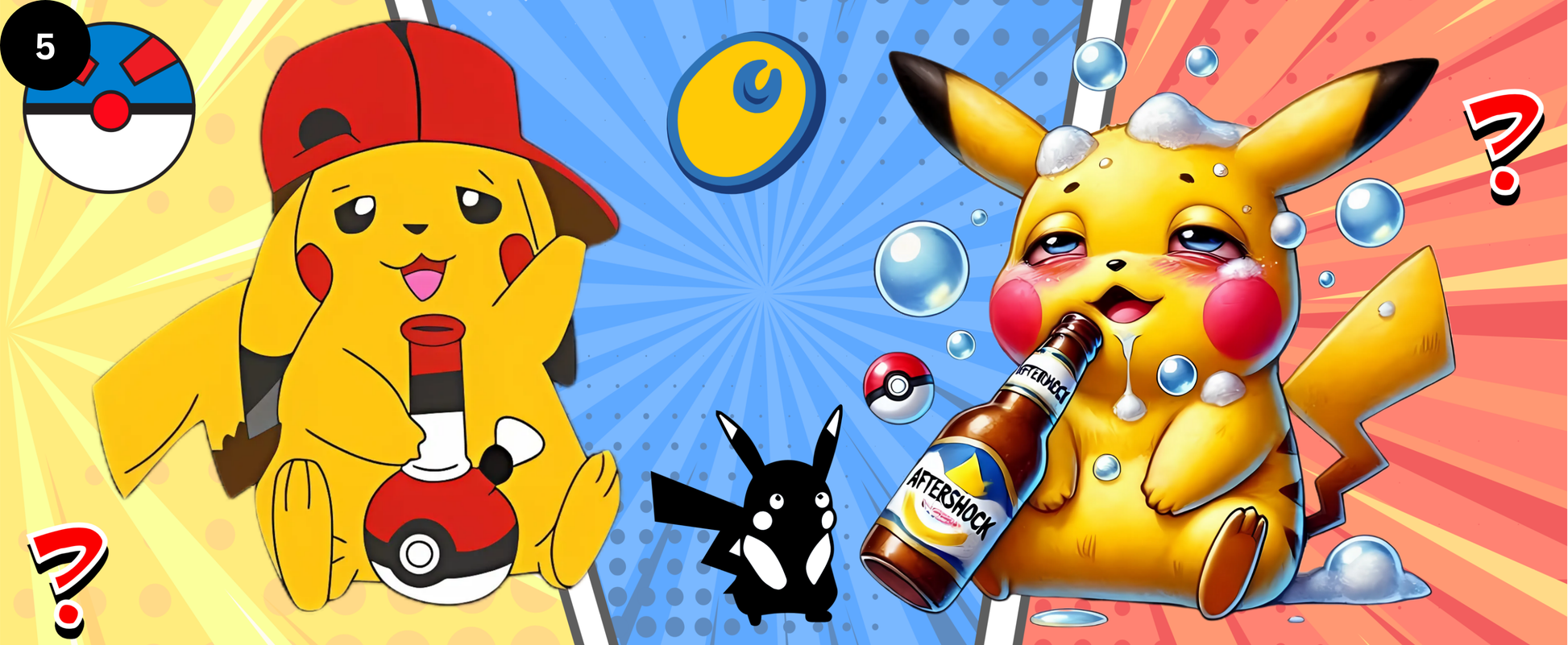 Two Pikachu characters with a beer bottle on a colorful background
