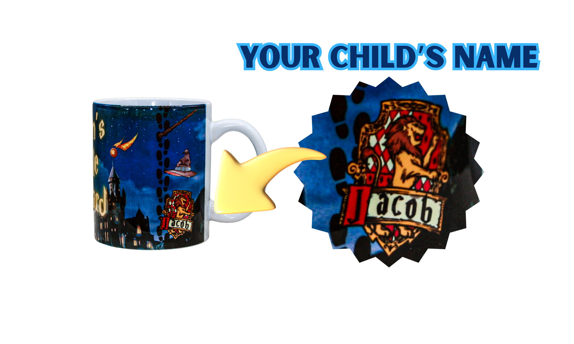 Close upof Harry Potter styled mug showing the name personalisation