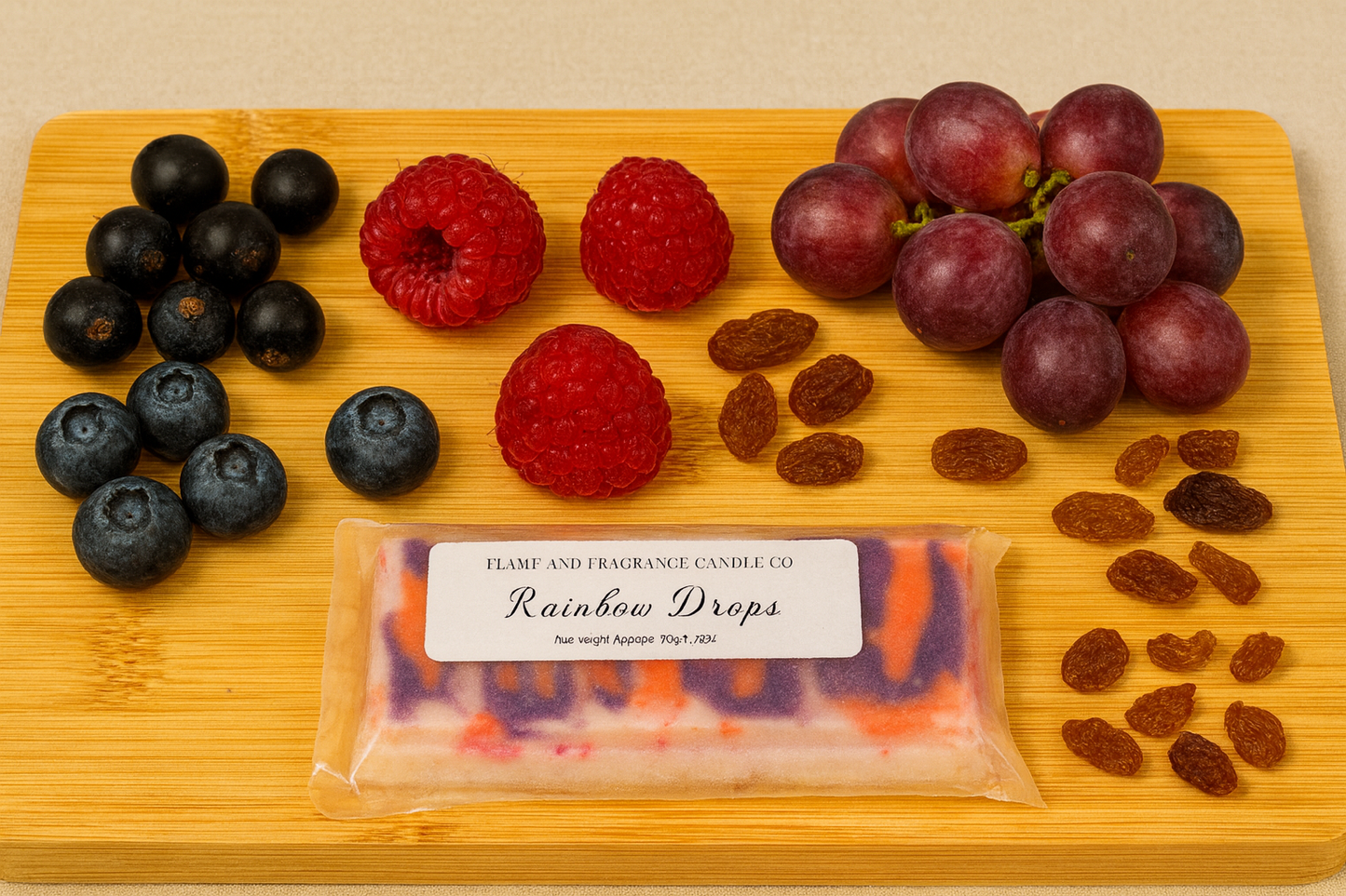 Assorted fruits and a packaged 'Rainbow Drops' wax melt bar on a wooden cutting board.