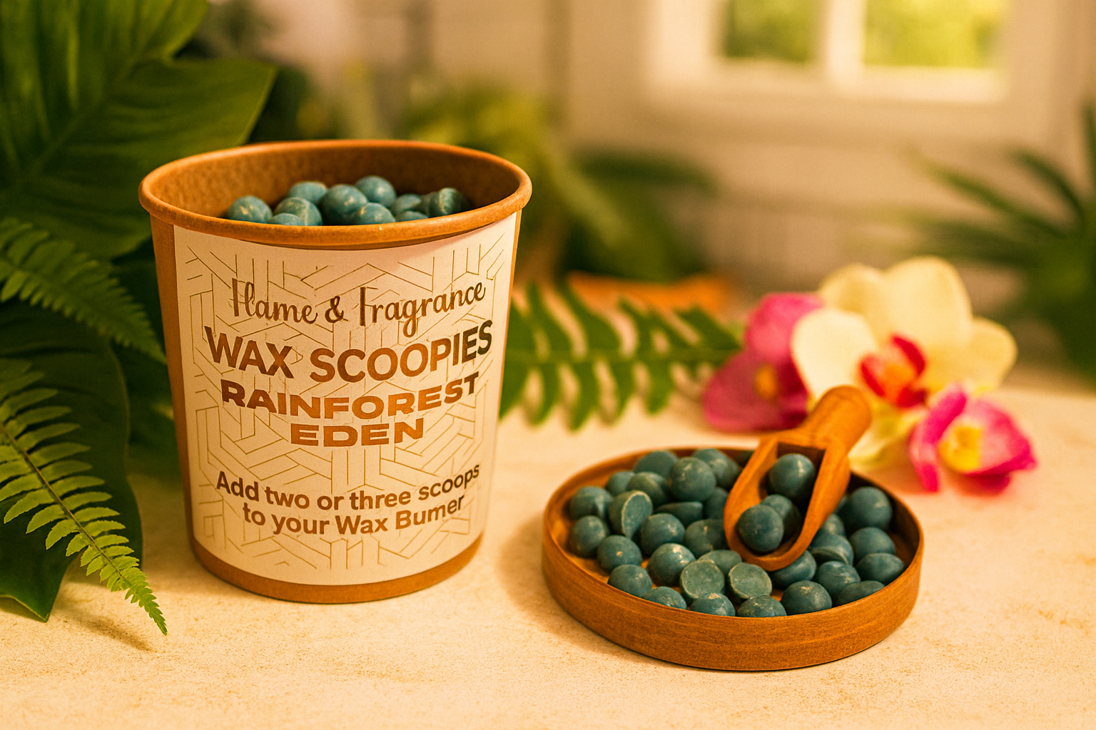 Wax scoopies with a container labeled 'Rainforest Eden' on a table with plants and flowers.