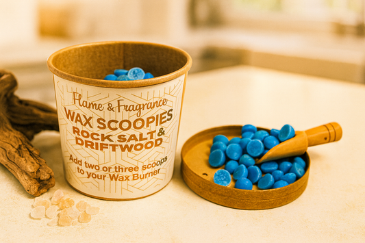 Blue Wax scoopies in a container labeled 'Rock Salt & Driftwood' on a wooden surface.