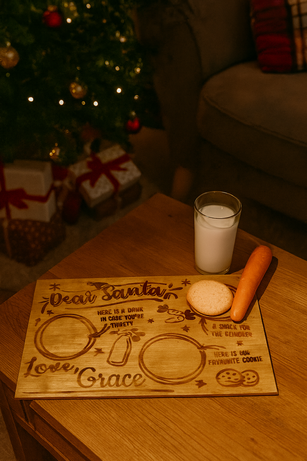 Personalised wooden sign with Santa Claus message on a table next to a glass of milk and a carrot, with a Christmas tree and presents in the background.