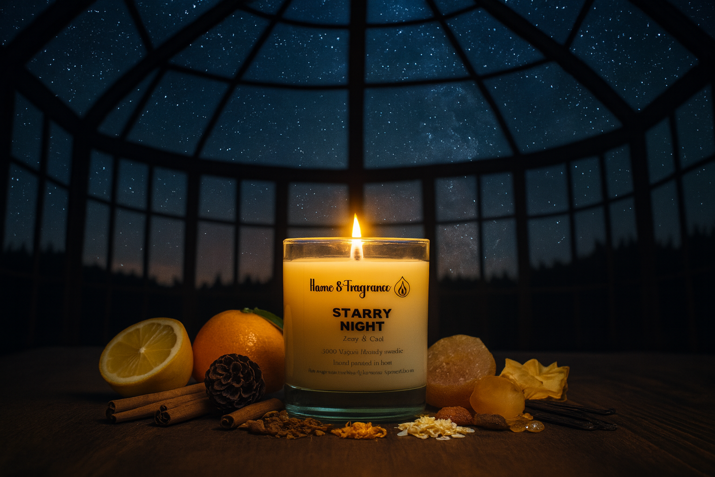 Candle labeled 'Starry Night' with decorative items on a wooden surface at night.