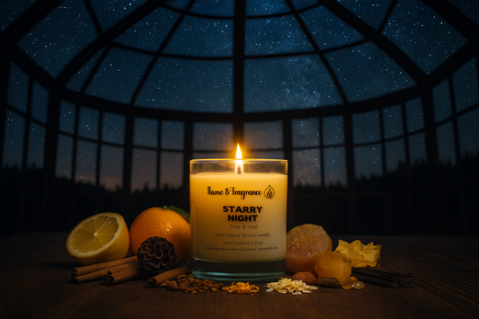 Candle labeled 'Starry Night' with decorative items on a wooden surface at night.