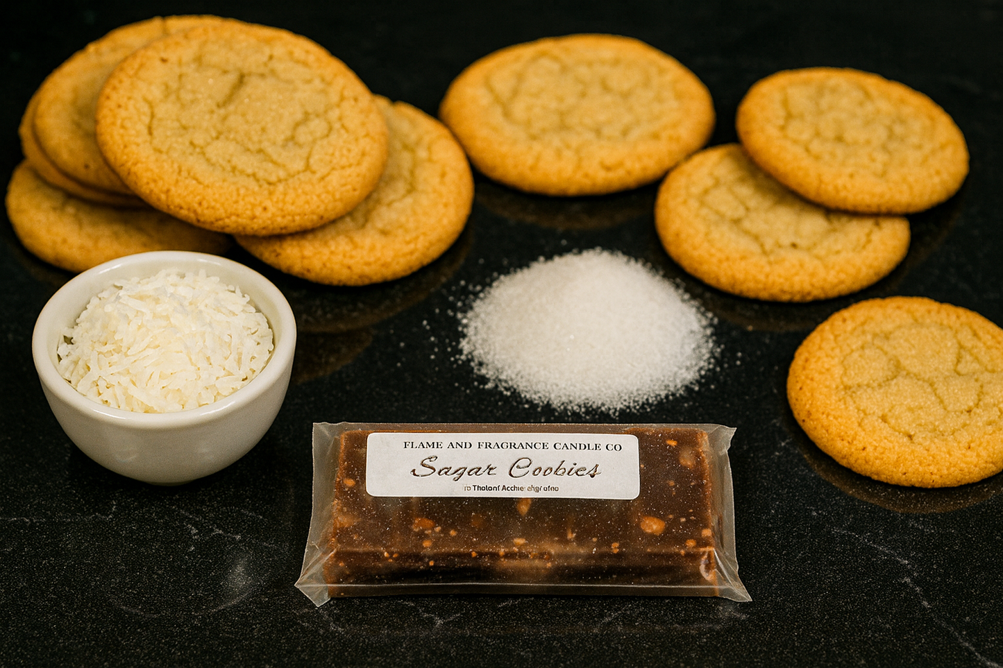 Sugar cookies wax melt bar surrounded by Sugar Cookies on a dark surface.