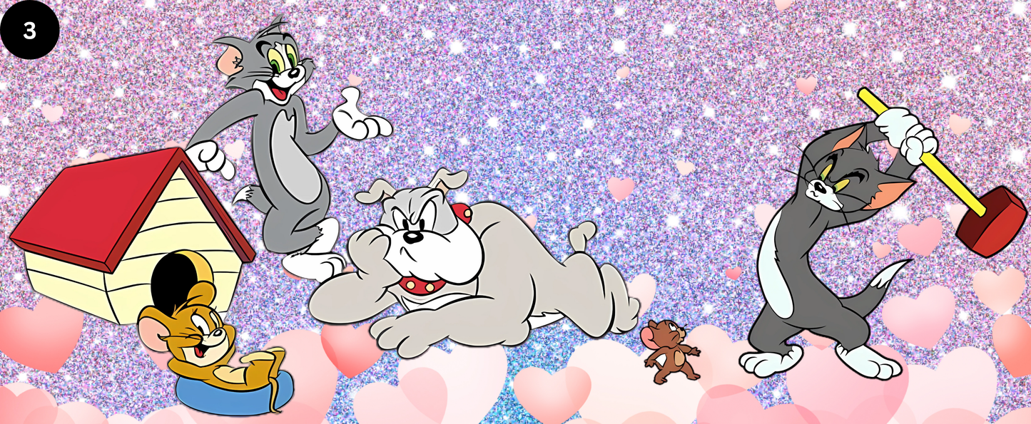 Cartoon characters in a playful scene with a doghouse and a mallet on a colorful background.