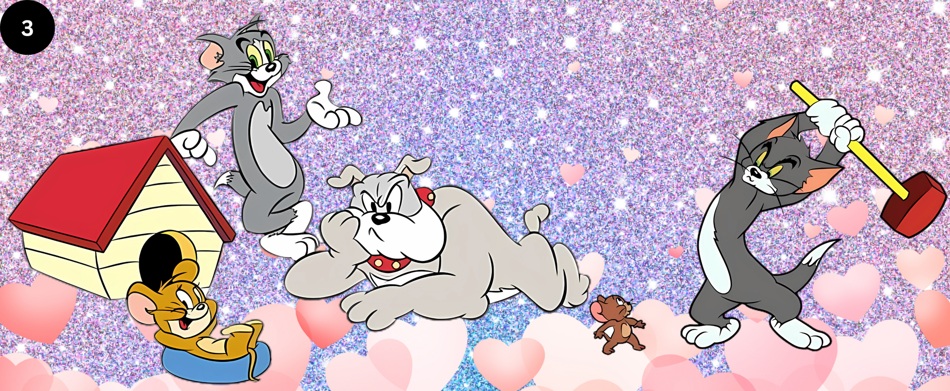 Cartoon characters in a playful scene with a doghouse and a mallet on a colorful background.
