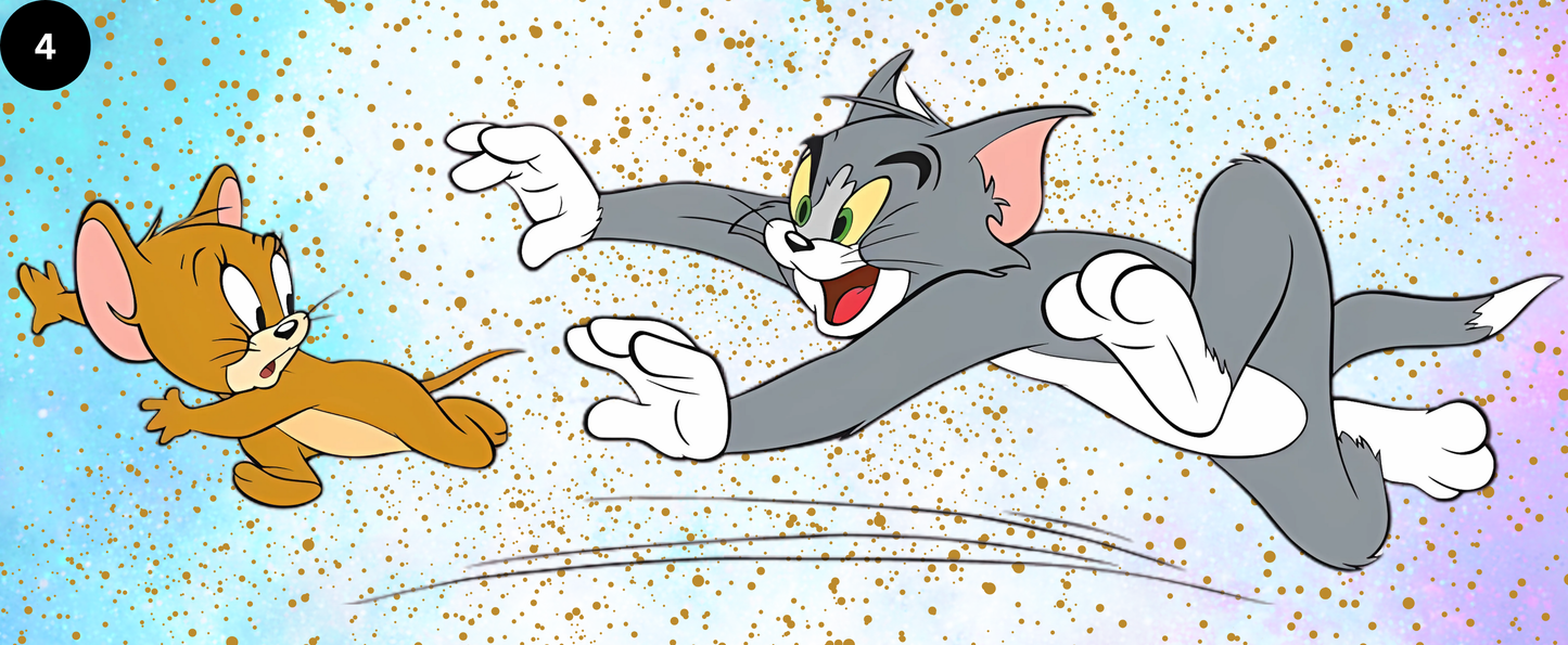 Cartoon characters in a dynamic pose with a colorful background