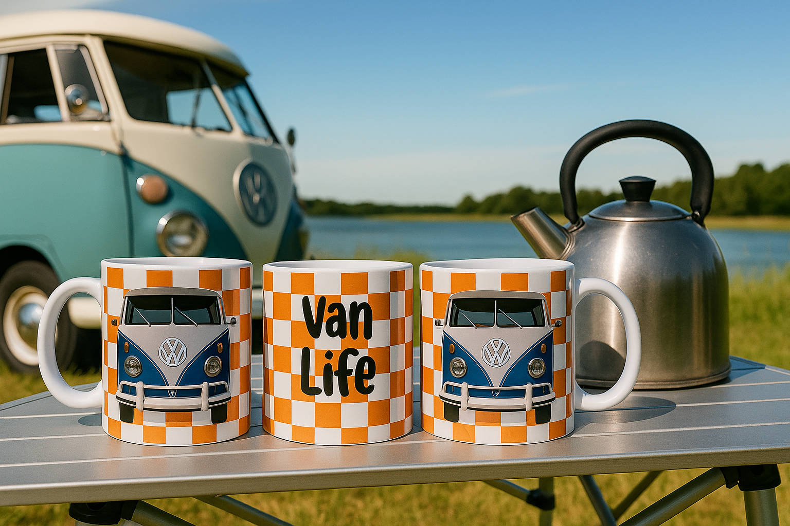 Coffee mug from three perspectives with Camper van designs and a kettle on a table outdoors.