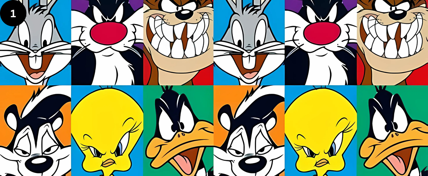 Grid of cartoon characters' faces on a colorful background